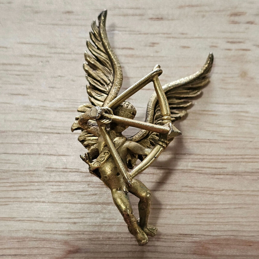 Vintage DeNicola Brass Gold tone Cupid Flying with Bow & Arrow Brooch